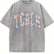 Floral Teach Teacher Vintage Washed T-Shirt in Gray