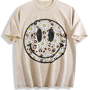 Daisy Floral Happy Face Vintage Washed T-Shirt in Beige