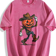 Pumpkin Cowboy Halloween Western Vintage Washed T-Shirt in Red