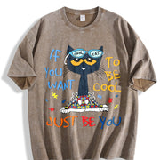 Cartoon Cat Blue-framed Glasses Vintage Washed T-Shirt in Brown