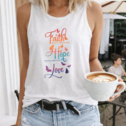 Faith Hope Love Butterflies Colorful Crew-neck Sleeveless Women's Color Cotton Tank Top in White