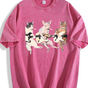 Rock Band Cats Retro Guitar Cat Vintage Washed T-Shirt in Red
