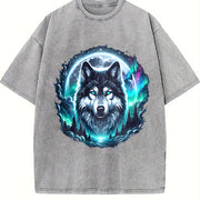 Retro Wolf at the Moon Vintage Washed T-Shirt in Gray