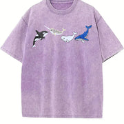 Marine Life Embroidered Vintage Washed T-Shirt in Purple