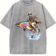 Cowboy Riding Trout Western Fishing Retro Vintage Washed T-Shirt in Gray