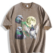 Pigeon Moon Retro Bird Nature Vintage Washed T-Shirt in Brown