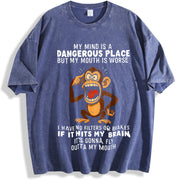 Humorous Monkey My Mind Is a Dangerous Place Slogan Party vintage washed oversized T-shirt in Blue