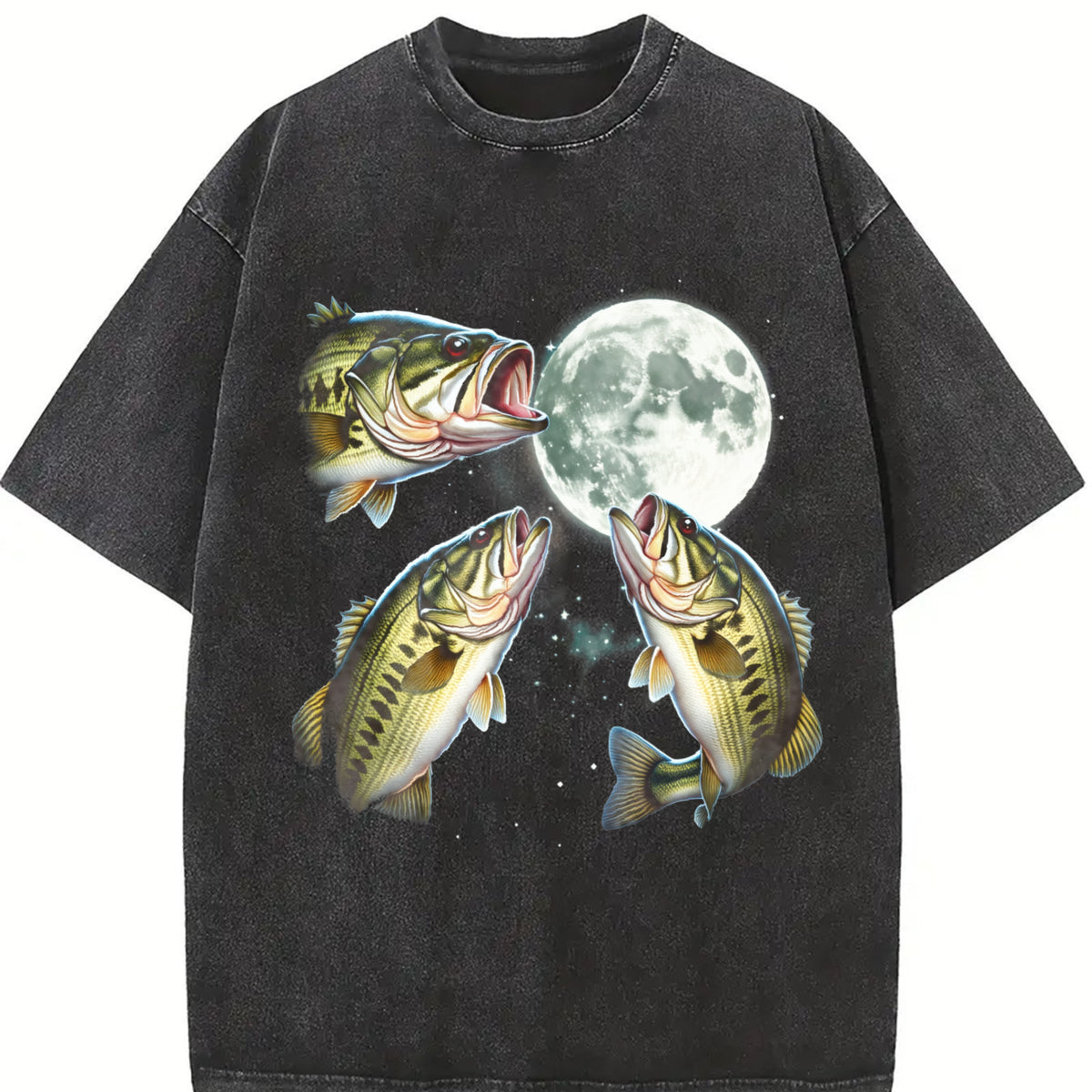 Bass Fish Howling at Moon 90s Vintage Washed T-Shirt in Black