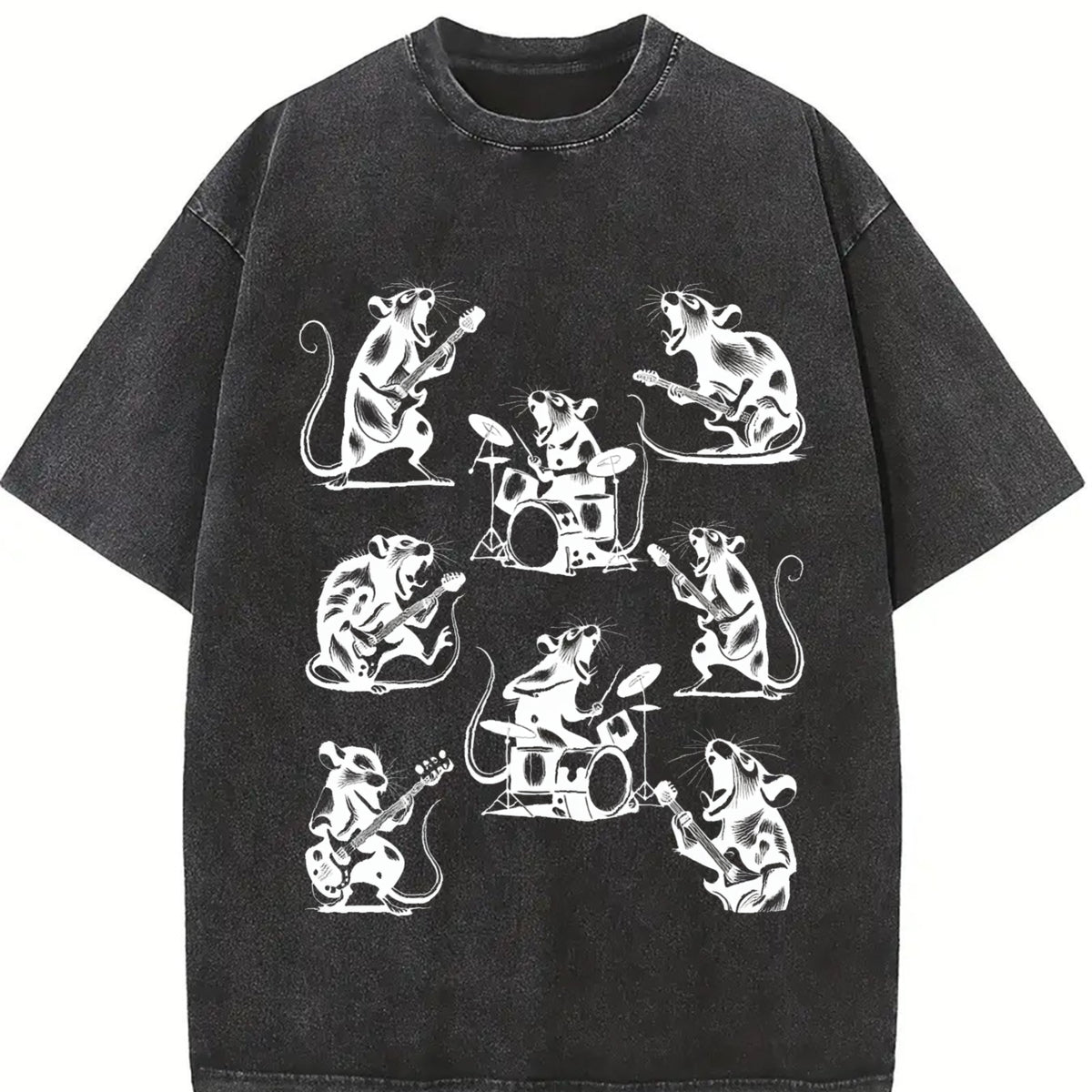 Rocker Rats 90s Retro Rat Playing Rock Guitar Vintage Washed T-Shirt in Black