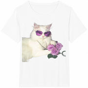 White Cat with Purple Sunglasses and Roses Cotton T-Shirt in White