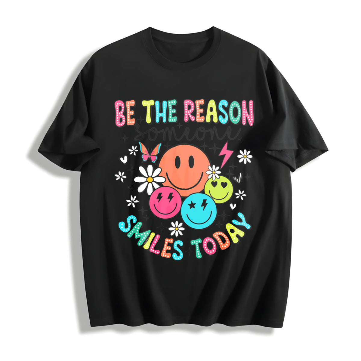 Smile Face & Flower Cotton T-Shirt in Black
