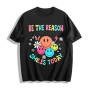 Smile Face & Flower Cotton T-Shirt in Black