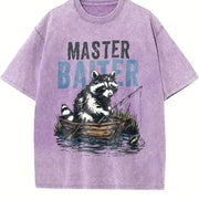 Retro Master Baiter Raccoon Fishing Vintage Washed T-Shirt in Purple