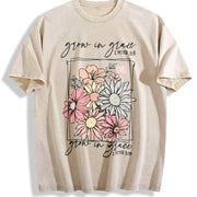 Grow in Grace 2 Peter 3:18 Floral Vintage Washed T-Shirt in Beige