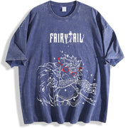 wicked Natsu Dragneel Fairy Tail Anime Manga vintage washed oversized T-shirt in Blue