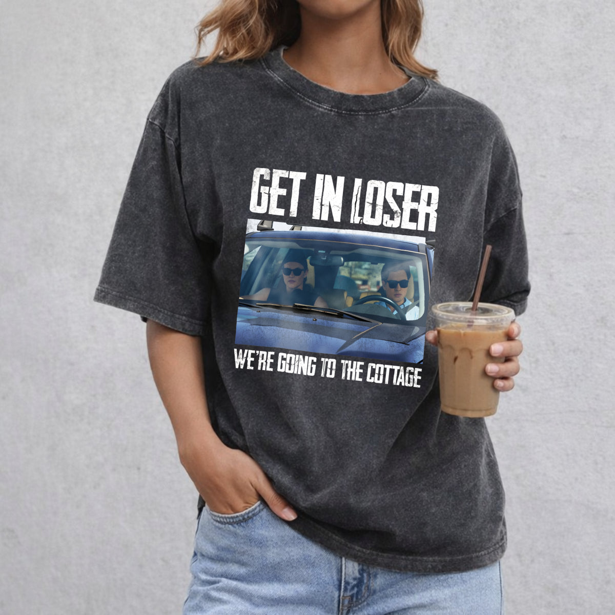 Get In Loser We're Going To The Cottage vintage washed oversized T-shirt in Black