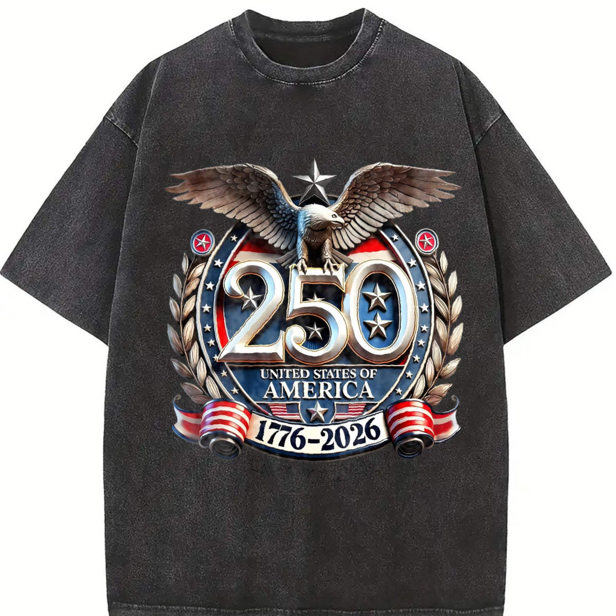 USA 250th Anniversary 1776-2026 Eagle Badge Vintage Washed T-Shirt in Black