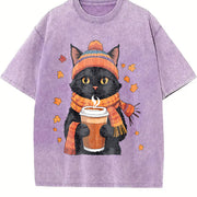 Black Cat with Hot Drink and Autumn Leaves Vintage Washed T-Shirt in Purple
