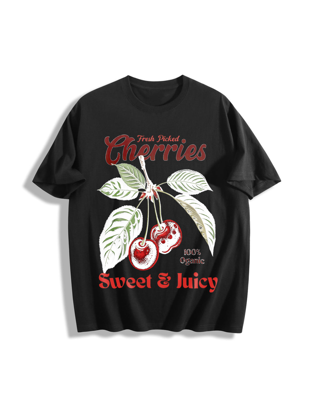 Retro Cherries Commercial Cotton T-Shirt in Black