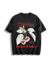 Retro Cherries Commercial Cotton T-Shirt in Black