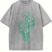 Turquoise Cactus Inspired Western Cowgirl Vintage Washed T-Shirt in Gray
