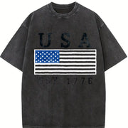 Embroidered USA Flag Vintage Washed T-Shirt in Black
