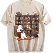Retro Ghost Reading Books Vintage Washed T-Shirt in Beige