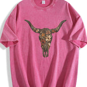 Brushstroke Floral Western Cow Skull Cowboy Graphics Vintage Washed T-Shirt in Red