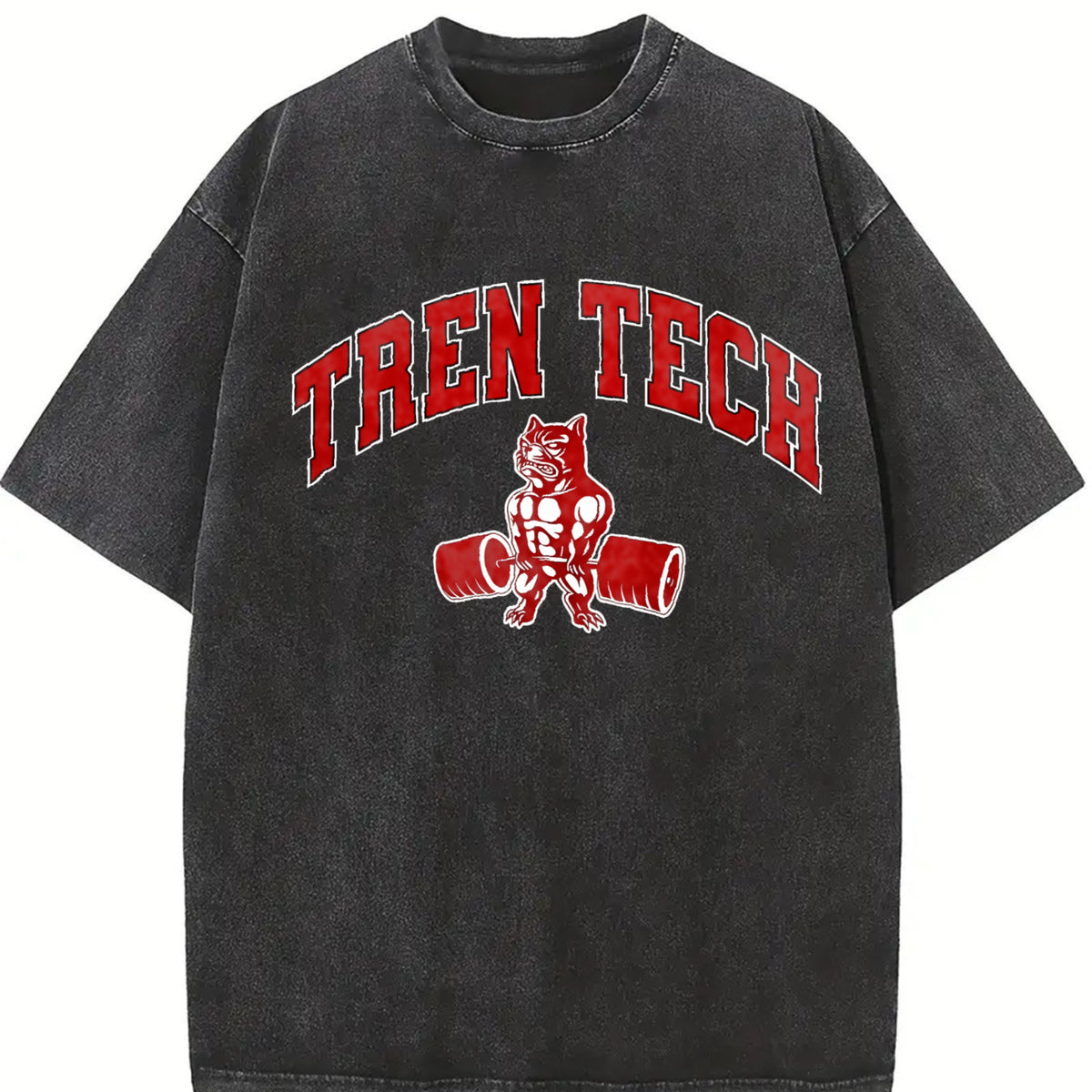 Tren Tech Muscular Bulldog Weightlifting Tank Vintage Washed T-Shirt in Black