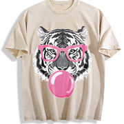 Tiger & Bubble Gum Long Sleeve Pullover vintage washed oversized T-shirt in Beige