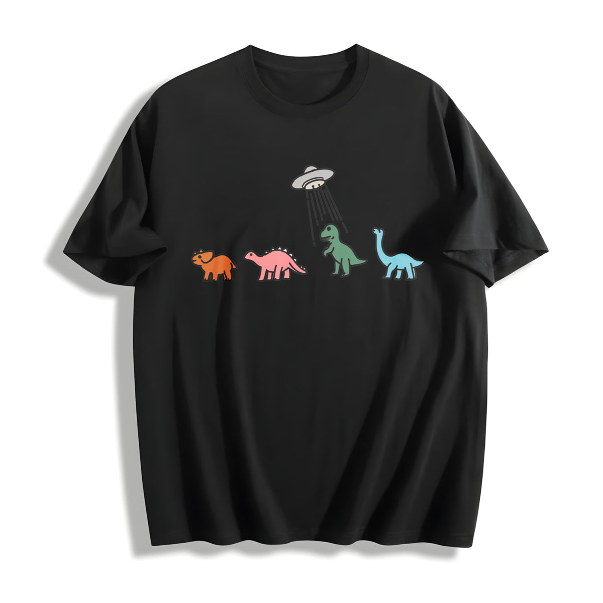 UFO Dinosaur Retro Cotton T-Shirt in Black