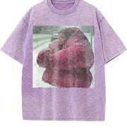 Woman in a Pink Coat in the Snow Vintage Washed T-Shirt in Purple