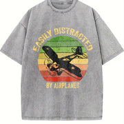 Easily Distracted by Airplanes Vintage Washed T-Shirt in Gray