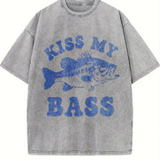 Kiss My Bass Fishing Vintage Washed T-Shirt in Gray