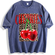 Fun Hip-Hop Leopard Cherry Letters Personalized Street vintage washed oversized T-shirt in Blue