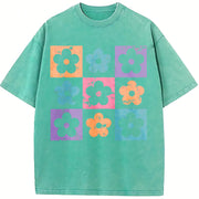 Checkered Flowers Retro Checkered Spring Vintage Washed T-Shirt in Blue
