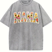 Mama Patchwork Flower Vintage Washed T-Shirt in Gray