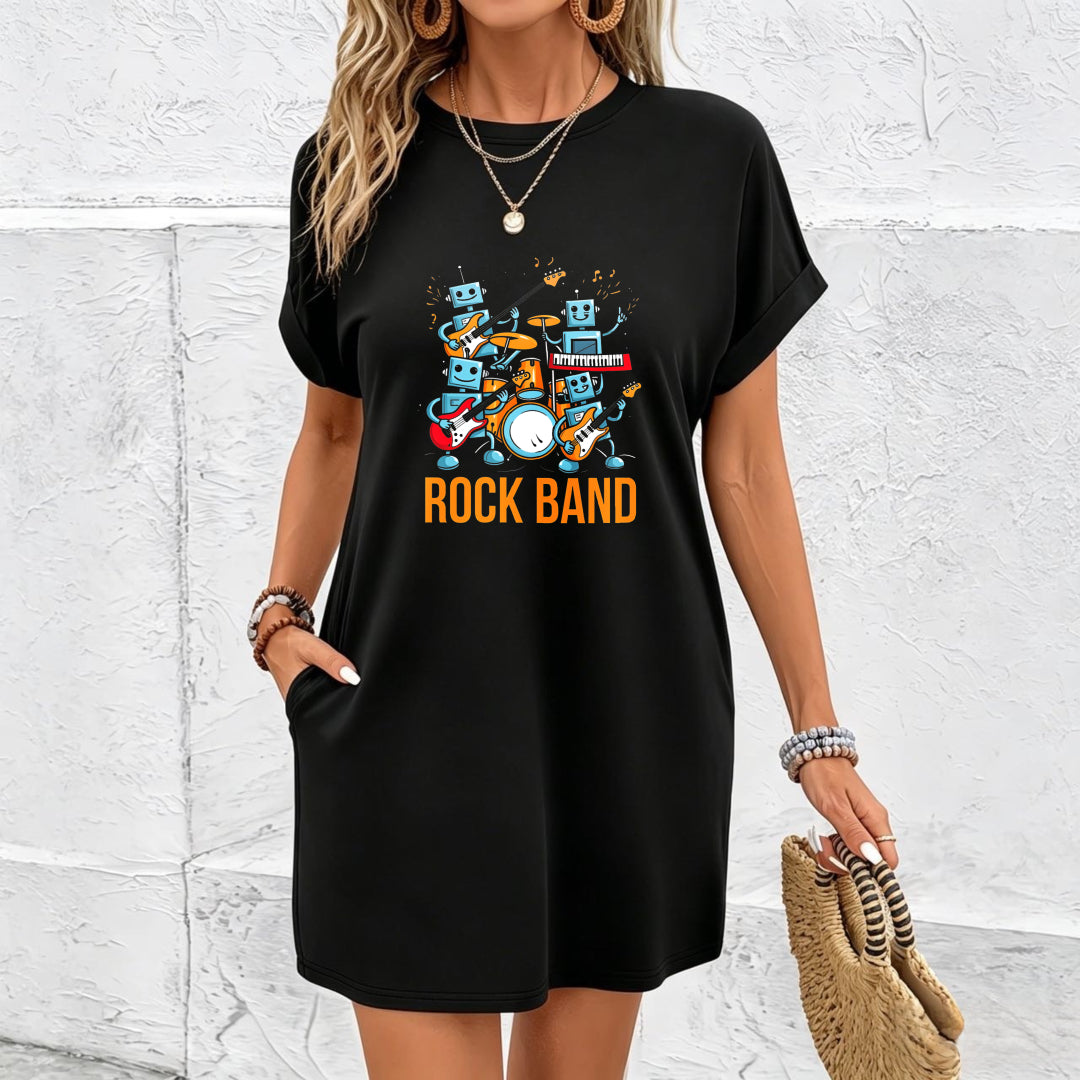 Rock Band Round-neck Short-sleeve Dress Cotton T-Shirt in Black