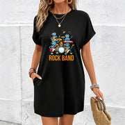 Rock Band Round-neck Short-sleeve Dress Cotton T-Shirt in Black
