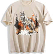 Winter: Gray Wolf in a Forest Snowscape Vintage Washed T-Shirt in Beige