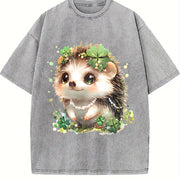 Hedgehog with Jewelry and Lucky Four-leaf Clover Vintage Washed T-Shirt in Gray