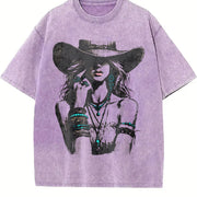 Boho Woman Hat Western Cowgirl Vintage Washed T-Shirt in Purple