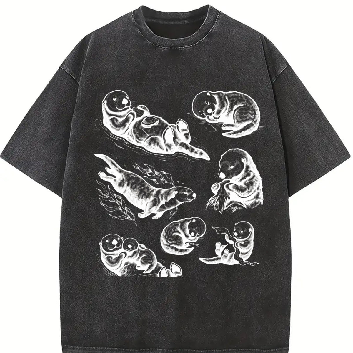 Sea Otter 90s Tattoo Vintage Washed T-Shirt in Black