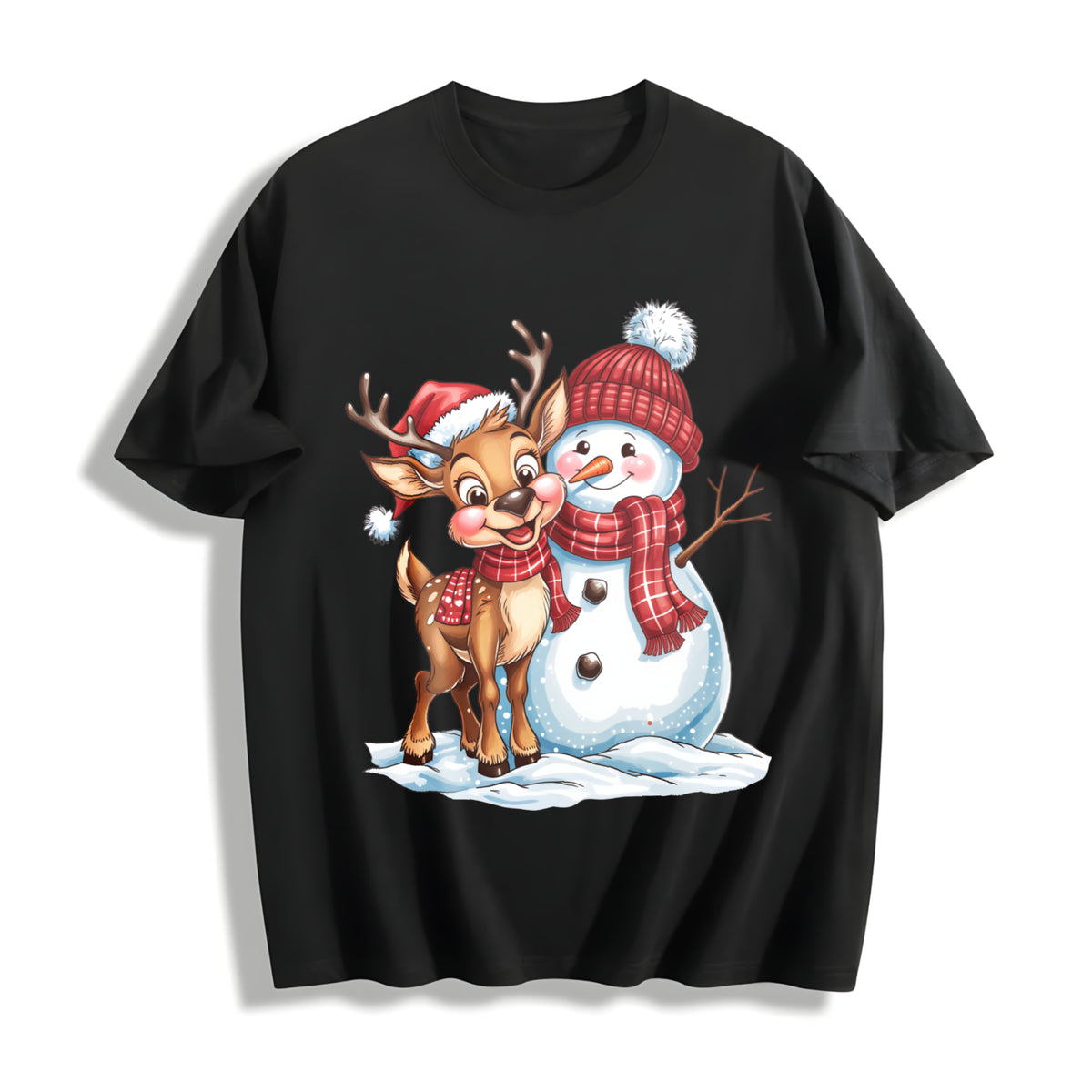 Christmas Autumn Snowman Reindeer Fashionable Elegant Cotton T-Shirt in Black