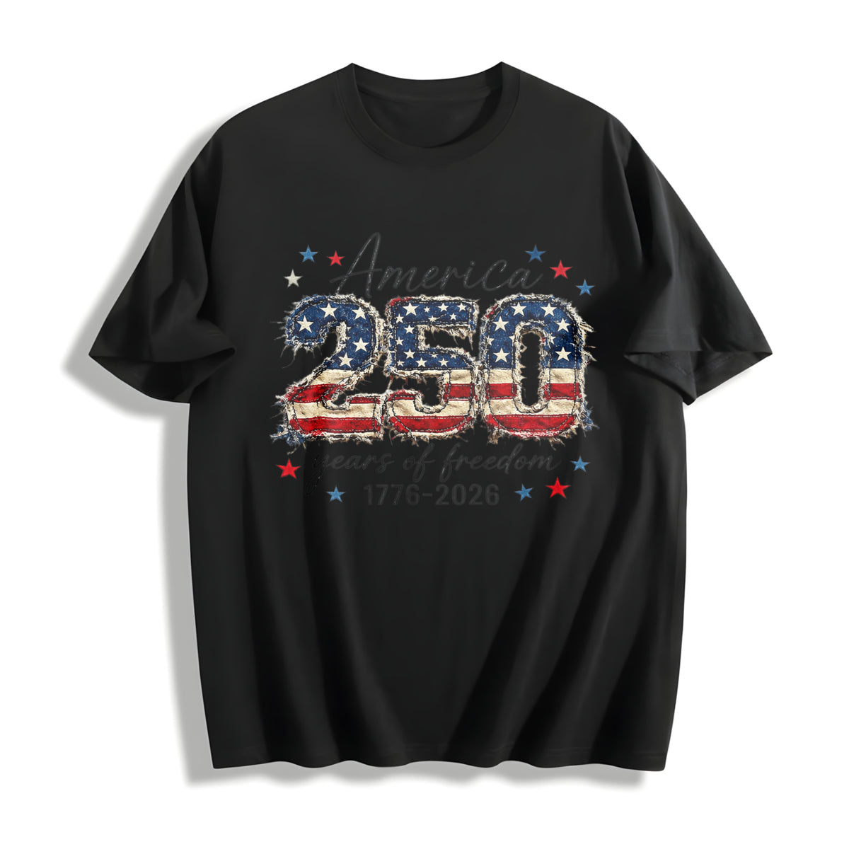 Patriotic 4th of July 250th Anniversary Faux Patchwork USA Cotton T-Shirt in Black