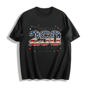 Patriotic 4th of July 250th Anniversary Faux Patchwork USA Cotton T-Shirt in Black