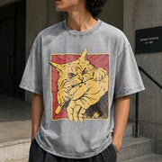 Cat Bite Anime Kitty Vintage Washed T-Shirt in Gray
