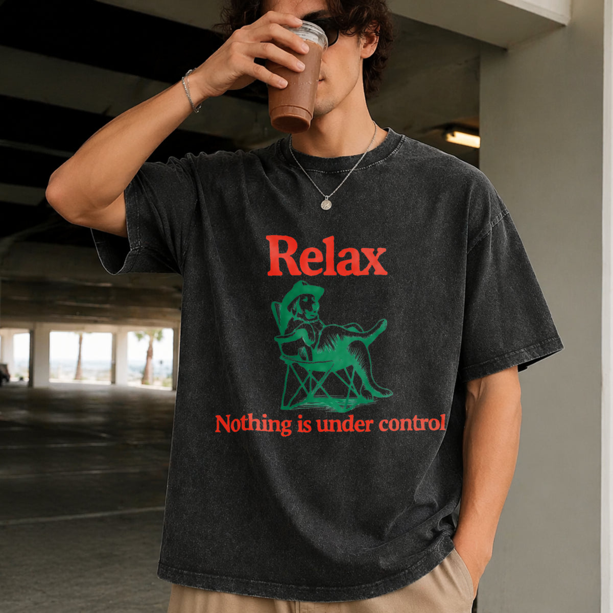Relax Nothing Is Under Control Vintage Washed T-Shirt in Black