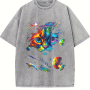 Cat Galaxy 90s ® Retro Mystical Cat Faded Vintage Washed T-Shirt in Gray