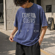 Distressed Athletic Typography Vintage Washed T-Shirt in Blue